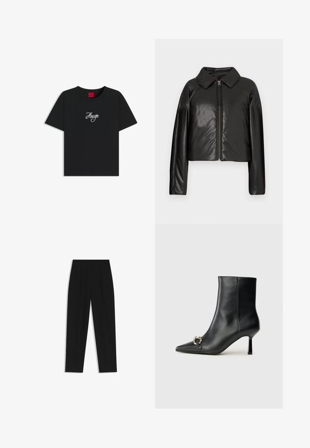 Zwarte faux leren cropped jack met een kraag en ritssluiting. Heeft lange mouwen en een soepele, glanzende textuur.; Zwarte katoenen t-shirt met een ronde halslijn en korte mouwen. Opvallend wit geborduurd "Hugo" logo op de voorkant.; Zwarte broeken met een rechte pasvorm, voorzien van dubbele plooien, een zachte textuur en een klassiek taillebandontwerp. Geen zichtbare hardware of accenten.; Zwarte leren enkelboot met spitse neus, slanke middenhoge hak en zilveren gespdetail aan de zijkant op een effen achtergrond.