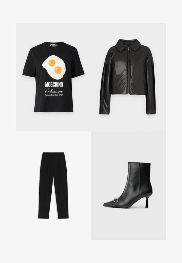 Black faux leather cropped jacket with a collared neckline and zip closure. Features long sleeves and smooth, glossy texture.; Black cotton t-shirt featuring a graphic of fried eggs and text reading "MOSCHINO Colazione Spring Summer 2025" in white. Simple, casual design.; Black trousers with a straight fit, featuring double pleats, a smooth texture, and a classic waistband design. No visible hardware or accents.; Black leather ankle boot with pointed toe, slim mid-height heel, and silver buckle detail on side against plain background.