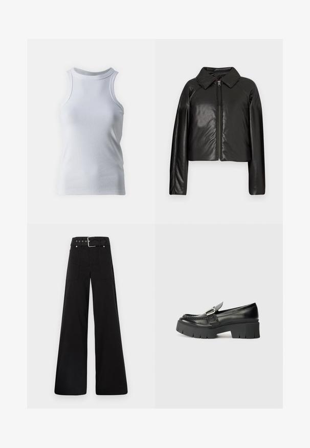 Mustast kunstnahast lühike jakk, millel on kraega kaelus ja tõmblukuga sulgemine. Omab pikki varrukaid ja sujuvat, läikivat tekstuuri.; Valge ilma varrukateta t-särk, mis on valmistatud pehmest ja venivast puuvillaste kangast. Omab kõrget kaelust ja sujuvat tekstuuri, ilma mustrite või üksikasjadeta.; Mustad laiad mustad püksid, mis on valmistatud puuvillast, kõrge vöökoha, suurte küljetaskute ja kumerate rihmadega, kus on hõbedased detailid.; Mustad mustad nahast loafers pakuvad tugevat kummitalda. Omavad klambri aktsenti ja õmblustega detaili üleval. Lame kand.