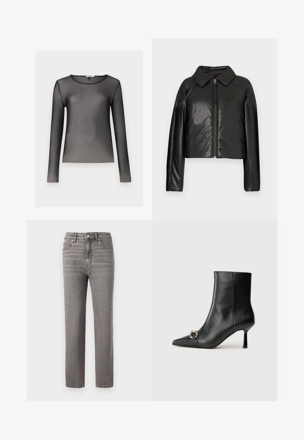 Czarna krótka kurtka z sztucznej skóry z kołnierzykiem i zapięciem na zamek. Posiada długie rękawy oraz gładką, błyszczącą fakturę.; Czarny, długi rękaw top wykonany z przezroczystego, lekkiego materiału; posiada okrągły dekolt i dopasowaną sylwetkę. Gładka tekstura, minimalne detale.; Szare dżinsy o prostym kroju, średnim stanie, pięcioma kieszeniami i subtelnymi pionowymi przeszyciami. Gładka tekstura i lekkość.; Czarny skórzany botek za kostkę z szpiczastym noskiem, smukłym średnim obcasem i srebrnym zapięciem po boku na jednolitym tle.