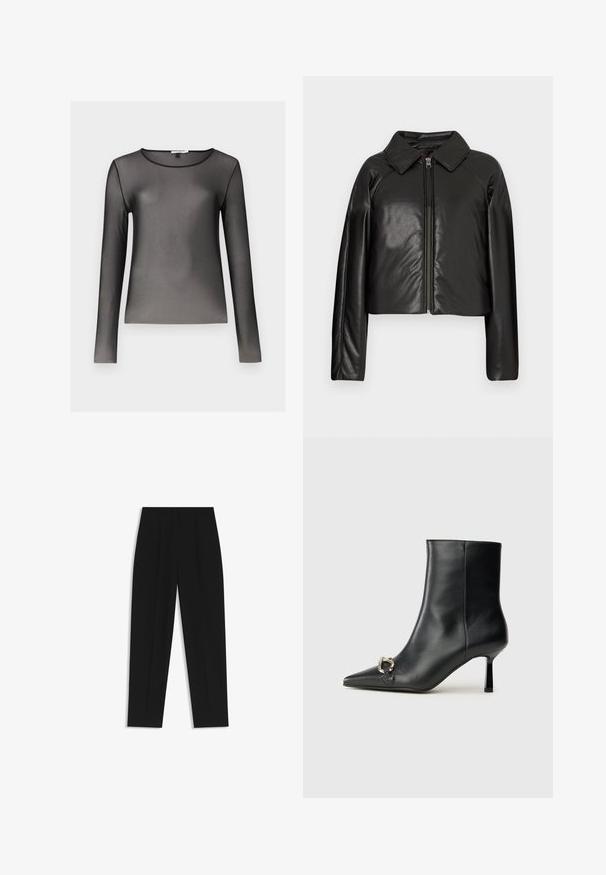 Sort kunstlæder cropped jakke med krave og lynlåslukning. Har lange ærmer og en glat, blank tekstur.; Sort langærmet top lavet af gennemsigtig, letvægtsstof; har en rund halsudskæring og tætsiddende silhuet. Glat tekstur, minimal detaljer.; Sorte bukser med lige pasform, der har dobbelte folder, en glat tekstur og et klassisk taljedesign. Ingen synlige hardware eller accenter.; Sort læder ankelstøvle med spidse tæer, slank hæl i mellemhøjde og sølvspænde detaljer på siden mod en ensfarvet baggrund.