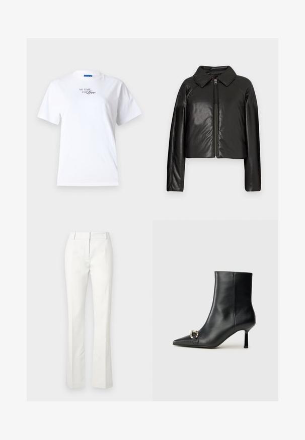 Mustast kunstnahast lühike jakk, millel on kraega kaelus ja tõmblukuga sulgemine. Omab pikki varrukaid ja sujuvat, läikivat tekstuuri.; Valge puuvillane T-särk lühikeste varrukatega ja ümarate kaelustega. Esiküljel on musta käärimisega kiri "EI KUNAGI AEG ARMASTUSELE".; Valged kohandatud püksid, millel on laienev alumine osa, esifaldid ja sile tekstuur, valmistatud kergest kangast.; Must mustanvärvi nahast pahklinetopp, millel on terav nina, peen keskmise kõrgusega konts ja hõbedane keha detail külgedel, taustal lihtne taust.