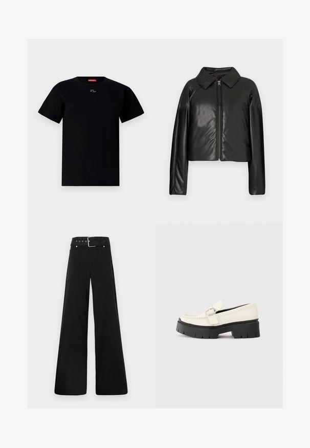 Mustast kunstnahast lühike jakk, millel on kraega kaelus ja tõmblukuga sulgemine. Omab pikki varrukaid ja sujuvat, läikivat tekstuuri.; Must musta T-särk ümmarguse kaelusega, lühikeste varrukatega ja väikese embleemiga rinnal. Pehme tekstuur ja regulaarne lõige.; Mustad laiad mustad püksid, mis on valmistatud puuvillast, kõrge vöökoha, suurte küljetaskute ja kumerate rihmadega, kus on hõbedased detailid.; Valge nahast loafer, millel on massiivne must platvormi tald, neljakandiline hõbedane pandla ja nähtavalt õmblusdetail ülaserval.