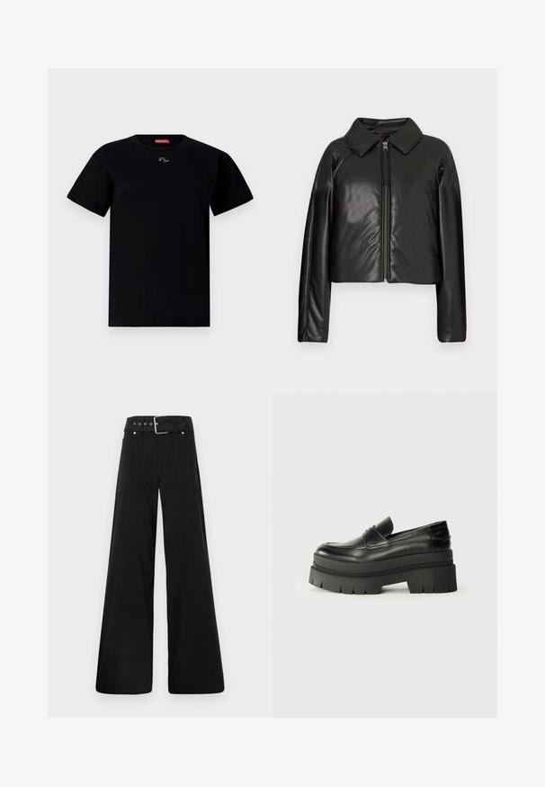 Black faux leather cropped jacket with a collared neckline and zip closure. Features long sleeves and smooth, glossy texture.; Black cotton T-shirt with a round neck, short sleeves, and a small emblem at the center of the chest. Soft texture and regular fit.; Black wide-leg trousers made from cotton, featuring a high waist, large side pockets, and a belted waist with silver hardware accents.; Black leather loafers with a chunky platform sole. Rounded toe, front seam detail, and subtle stitching accents. Flat, textured outsole.