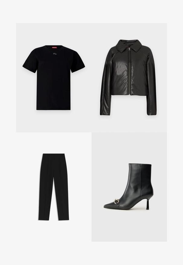 Czarna krótka kurtka z sztucznej skóry z kołnierzykiem i zapięciem na zamek. Posiada długie rękawy oraz gładką, błyszczącą fakturę.; Czarny bawełniany T-shirt z okrągłym dekoltem, krótkimi rękawami i małym emblematem na środku klatki piersiowej. Miękka tekstura i regularny krój.; Czarne spodnie o prostym kroju, z podwójnymi zakładkami, gładką teksturą i klasycznym krojem w talii. Bez widocznych elementów metalowych ani akcentów.; Czarny skórzany botek za kostkę z szpiczastym noskiem, smukłym średnim obcasem i srebrnym zapięciem po boku na jednolitym tle.