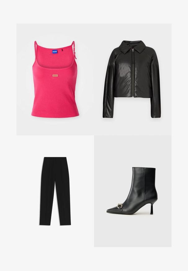 Zwarte faux leren cropped jack met een kraag en ritssluiting. Heeft lange mouwen en een soepele, glanzende textuur.; Aansluitend roze tanktop van ribbelstof. Beschikt over verstelbare banden en een klein bruin logotag aan de voorkant. Gladde textuur.; Zwarte broeken met een rechte pasvorm, voorzien van dubbele plooien, een zachte textuur en een klassiek taillebandontwerp. Geen zichtbare hardware of accenten.; Zwarte leren enkelboot met spitse neus, slanke middenhoge hak en zilveren gespdetail aan de zijkant op een effen achtergrond.