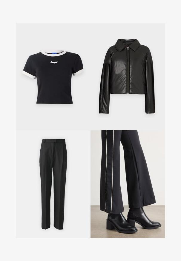 Melnā mākslīgā āda īsā jaka ar apkakles apkakli un rāvējslēdzēja aizdari. Iespējas garas piedurknes un gluda, spīdīga tekstūra.; Melnas īsām piedurknēm t-krekls ar baltu apkakli un piedurkņu akcentiem. Uz krūtīm ir melna logo. Izgatavots no gludas auduma.; Melnas pielāgotas bikses, izgatavotas no viegla auduma, ar taisnu griezumu, plakanu fronti un jostām. Gluda tekstūra bez redzamām rakstām.; Melnas ādas potīšu zābaki ar blokveida papēdi, aprīkoti ar elastīgām sānu paneļiem. Kombinēti ar melniem biksēm, kuru sānos ir baltas svītras.