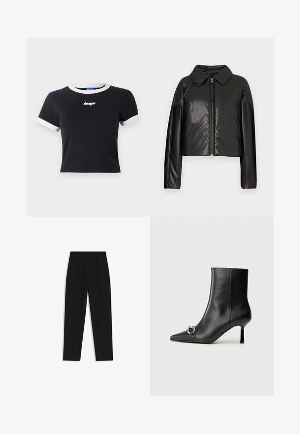 Black faux leather cropped jacket with a collared neckline and zip closure. Features long sleeves and smooth, glossy texture.; Black short-sleeve t-shirt with white collar and sleeve accents. Features a black logo on the chest. Made of smooth fabric.; Black trousers with a straight fit, featuring double pleats, a smooth texture, and a classic waistband design. No visible hardware or accents.; Black leather ankle boot with pointed toe, slim mid-height heel, and silver buckle detail on side against plain background.