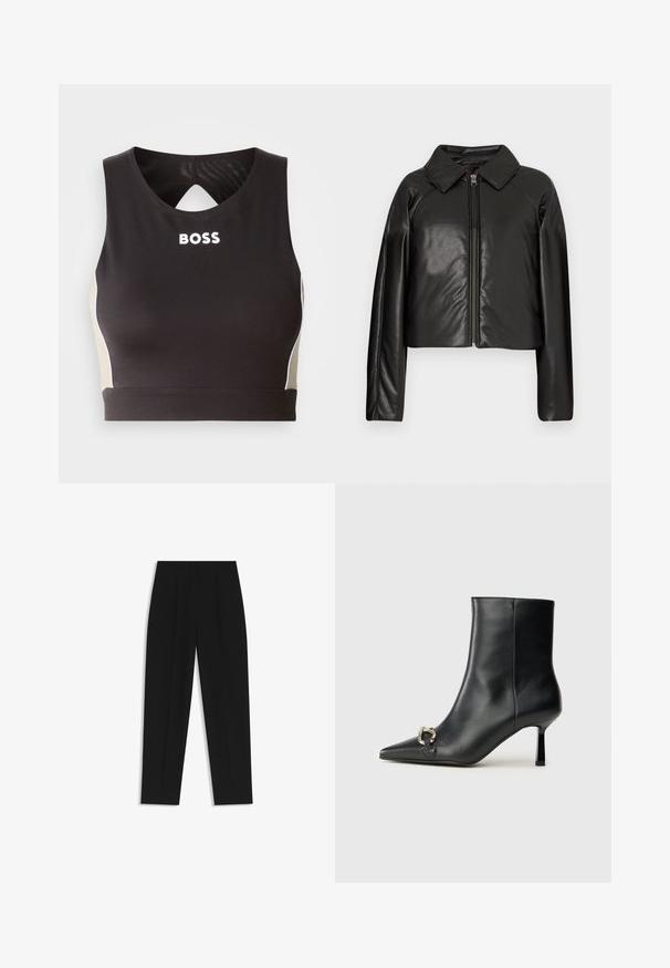 Czarna krótka kurtka z sztucznej skóry z kołnierzykiem i zapięciem na zamek. Posiada długie rękawy oraz gładką, błyszczącą fakturę.; Czarny sportowy crop top z wycięciem z tyłu, z białym napisem "BOSS" i beżowymi akcentami po bokach. Wykonany z elastycznej, gładkiej tkaniny.; Czarne spodnie o prostym kroju, z podwójnymi zakładkami, gładką teksturą i klasycznym krojem w talii. Bez widocznych elementów metalowych ani akcentów.; Czarny skórzany botek za kostkę z szpiczastym noskiem, smukłym średnim obcasem i srebrnym zapięciem po boku na jednolitym tle.