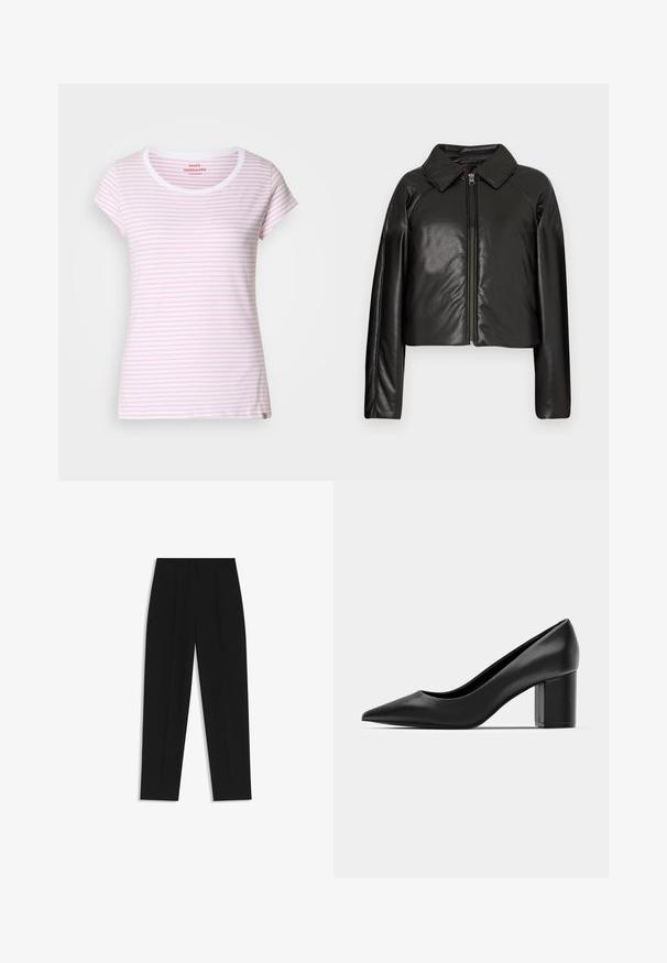 Schwarze Kunstleder-Cropped-Jacke mit Kragen und Reißverschluss. Mit langen Ärmeln und glatter, glänzender Textur.; Rosa und weiße gestreifte T-Shirts mit rundem Ausschnitt und kurzen Ärmeln. Aus weichem Stoff mit regulärer Passform. Dezentes Markenetikett am Saum.; Schwarze Hose mit geradem Schnitt, doppelten Falten, einer glatten Textur und einem klassischen Bunddesign. Keine sichtbaren Beschläge oder Akzente.; Schwarze Lederpumps mit spitzem Zehenbereich und einem klobigen quadratischen Absatz. Glatte Textur, einfaches Design, geeignet für formelle Anlässe.