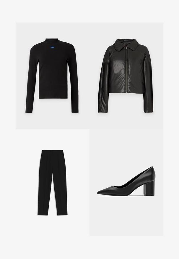 Zwarte faux leren cropped jack met een kraag en ritssluiting. Heeft lange mouwen en een soepele, glanzende textuur.; HUGO Longsleeve - schwarz; Zwarte broeken met een rechte pasvorm, voorzien van dubbele plooien, een zachte textuur en een klassiek taillebandontwerp. Geen zichtbare hardware of accenten.; Zwarte leren pump met een spitse neus en een chunky vierkante hak. Glad textuur, eenvoudig ontwerp, geschikt voor formele gelegenheden.