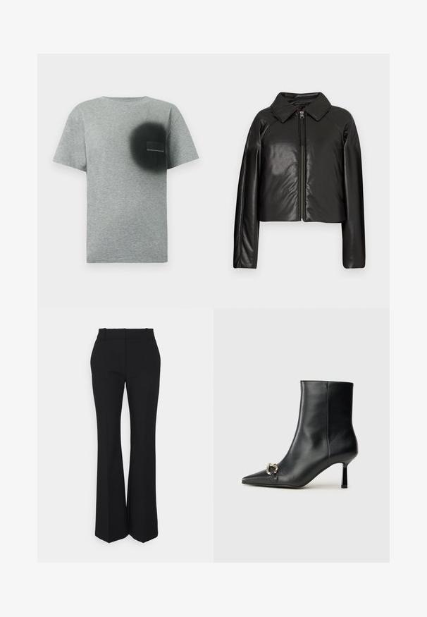 Mustat tekonahkaiset lyhyet takit, joissa on kauluksessa oleva kaulus ja vetoketjukiinnitys. Ominaisuuksiin kuuluu pitkät hihat ja sileä, kiiltävä pinta.; Harmaa lyhythihainen T-paita, jossa musta pyöreä sumumaalauksella tehty kuvio ja pieni suorakulmainen merkki vasemmalla rintakehän alueella.; Mustat pleated-housut suoran lahkeen muotoilulla, valmistettu sileästä kankaasta. Ominaisuuksiin kuuluu korkea vyötärö ja näkymättömät sivutaskut.; Musta nahkasaapas nilkkapituisilla, terävillä kärjillä, hoikalla keskipituisella korolla ja hopeavöillä sivussa yksinkertaista taustaa vasten.