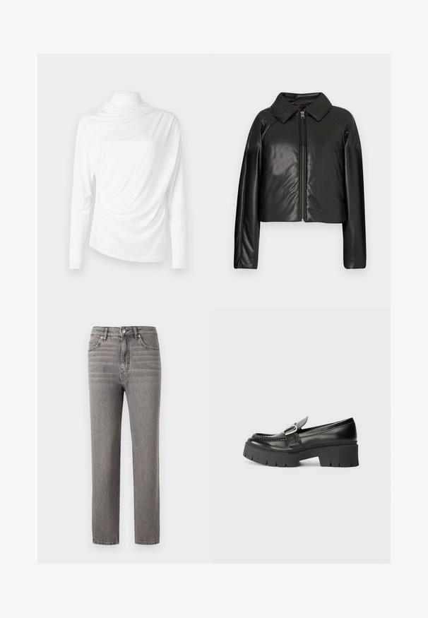 Svart, imitert skinn, cropped jakke med krage og glidelås. Har lange ermer og en jevn, glinsende overflate.; Langermet hvit topp med høy hals, med drapert stoff, myk tekstur og asymmetrisk frontdesign. Glatt overflate.; Grå denimjeans med rett snitt, middels høy midje, fem lommer og subtile vertikale sømdetaljer. Glatt tekstur og lett.; Sorte skinnloafers med en kraftig gummisåle. Har et spenneaksent og broderte detaljer langs overdelen. Flat hel.