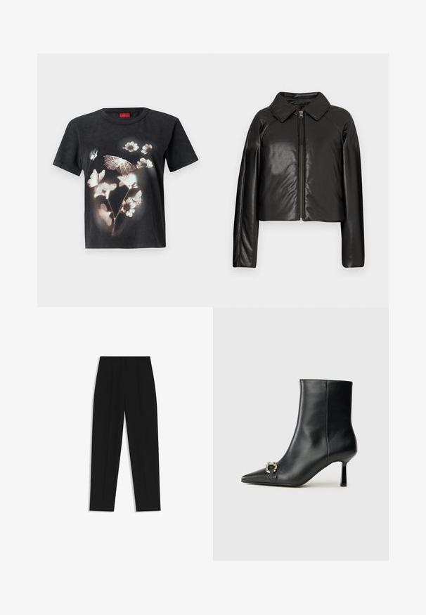 Black faux leather cropped jacket with a collared neckline and zip closure. Features long sleeves and smooth, glossy texture.; Black cotton t-shirt featuring a large white floral and butterfly graphic on the front. Short sleeves and a round neckline.; Black trousers with a straight fit, featuring double pleats, a smooth texture, and a classic waistband design. No visible hardware or accents.; Black leather ankle boot with pointed toe, slim mid-height heel, and silver buckle detail on side against plain background.
