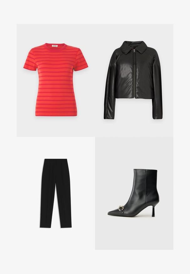 Mustat tekonahkaiset lyhyet takit, joissa on kauluksessa oleva kaulus ja vetoketjukiinnitys. Ominaisuuksiin kuuluu pitkät hihat ja sileä, kiiltävä pinta.; Punainen ribbitoitu t-paita, jossa on vaakasuuntaisia tummempia punaisia raitoja, pyöreä kaula-aukko ja lyhyet hihat, joissa on kapea malli.; Mustat housut suoran istuvuuden kanssa, joissa on kaksinkertaiset laskokset, sileä pinta ja klassinen vyötärönauhan muotoilu. Ei näkyviä metalliosia tai koristeita.; Musta nahkasaapas nilkkapituisilla, terävillä kärjillä, hoikalla keskipituisella korolla ja hopeavöillä sivussa yksinkertaista taustaa vasten.