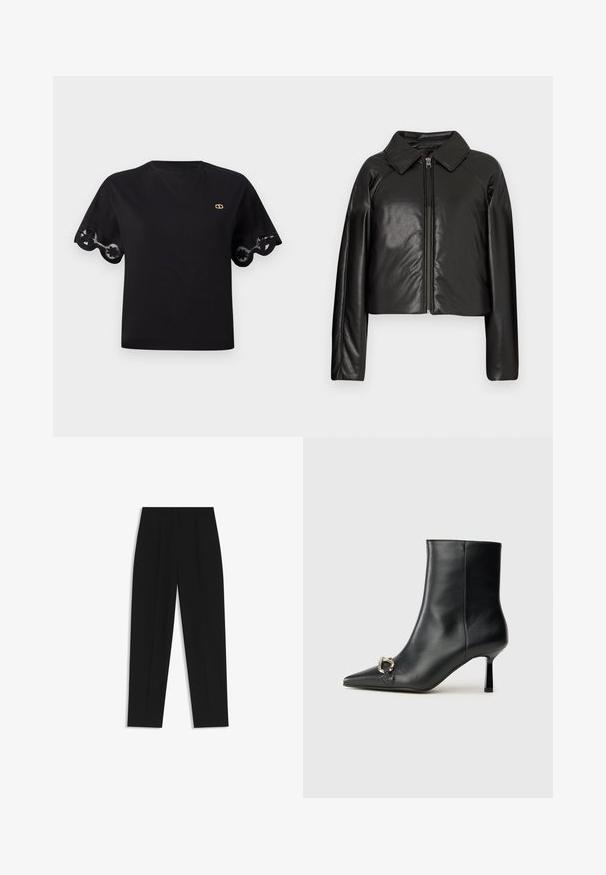 Black faux leather cropped jacket with a collared neckline and zip closure. Features long sleeves and smooth, glossy texture.; Black cotton t-shirt with short flared sleeves featuring a scalloped lace trim. Small gold logo on the chest. Simple, classic design.; Black trousers with a straight fit, featuring double pleats, a smooth texture, and a classic waistband design. No visible hardware or accents.; Black leather ankle boot with pointed toe, slim mid-height heel, and silver buckle detail on side against plain background.