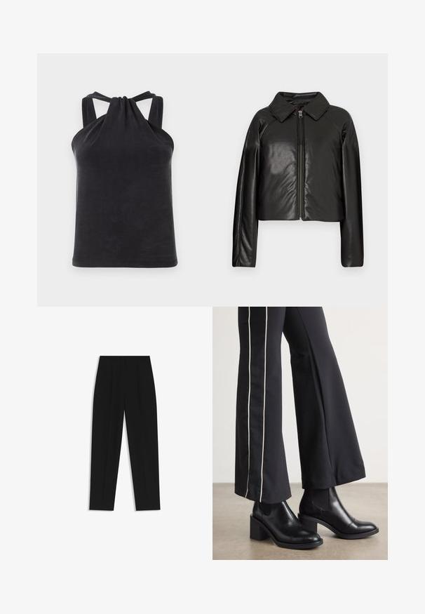 Black faux leather cropped jacket with a collared neckline and zip closure. Features long sleeves and smooth, glossy texture.; Black halter top made of smooth fabric, featuring a knot detail at the neckline and wide straps connecting to the back.; Black trousers with a straight fit, featuring double pleats, a smooth texture, and a classic waistband design. No visible hardware or accents.; Black leather ankle boots with a block heel, featuring elastic side panels. Paired with black pants that have a white side stripe.