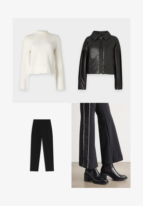 Veste cropped en simili cuir noir avec un col et fermeture zippée. Dispose de longues manches et d'une texture lisse et brillante.; Pull en tricot blanc avec des manches longues, un col montant et une bordure en dentelle festonnée au bas. Texture douce avec un design court.; Pantalon noir à coupe droite, avec des plis doubles, une texture lisse et un design de taille classique. Pas de matériel ou d'accents visibles.; Bottines en cuir Noir avec un talon bloc, dotées de panneaux élastiques sur les côtés. Associées à un pantalon noir avec une rayure blanche sur le côté.