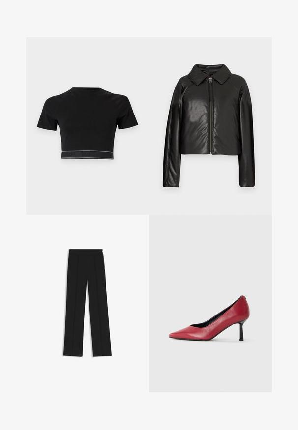 Sort kunstlæder cropped jakke med krave og lynlåslukning. Har lange ærmer og en glat, blank tekstur.; Sort cropped T-shirt med korte ærmer, rund halsudskæring og et kontrasterende logobånd i bunden med "HUGO" i sort på en mørk baggrund.; Sorte vidde bukser med to frontfolder, elastisk talje og sideskaber som detaljer. Glat tekstur og minimalistisk design.; Rød læder højhælet pumpe med spids tådesign og en tynd sort hæl. Glat tekstur med en strømlinet silhuet.