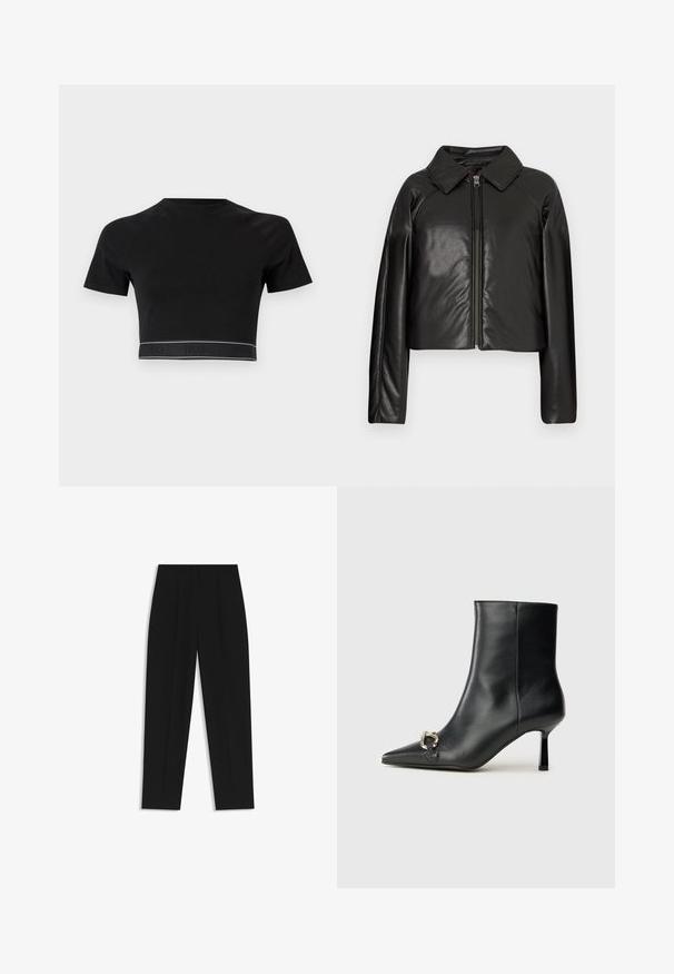 Sort kunstlæder cropped jakke med krave og lynlåslukning. Har lange ærmer og en glat, blank tekstur.; Sort cropped T-shirt med korte ærmer, rund halsudskæring og et kontrasterende logobånd i bunden med "HUGO" i sort på en mørk baggrund.; Sorte bukser med lige pasform, der har dobbelte folder, en glat tekstur og et klassisk taljedesign. Ingen synlige hardware eller accenter.; Sort læder ankelstøvle med spidse tæer, slank hæl i mellemhøjde og sølvspænde detaljer på siden mod en ensfarvet baggrund.