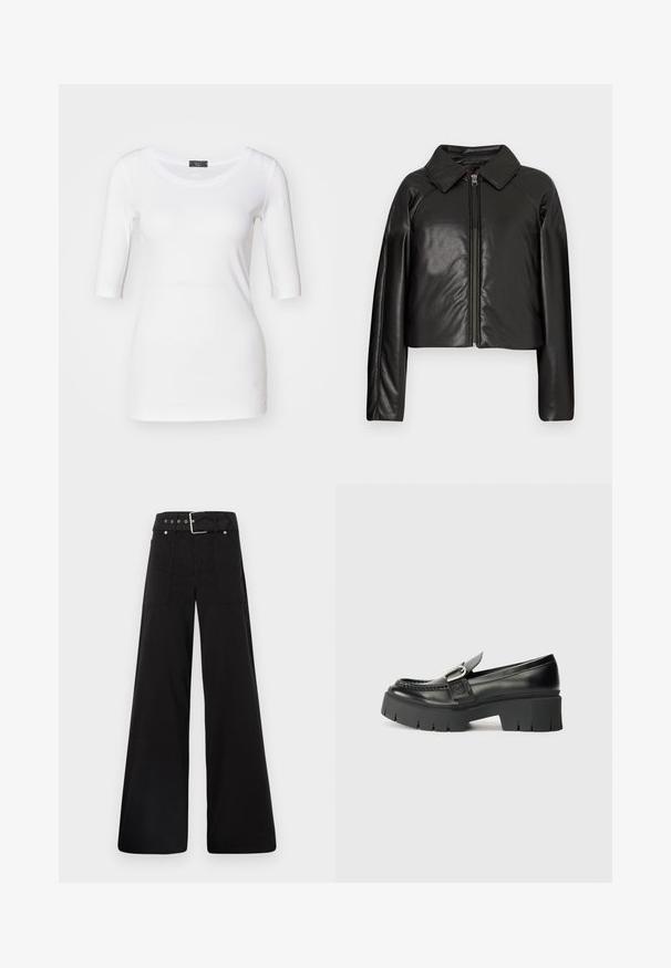 Schwarze Kunstleder-Cropped-Jacke mit Kragen und Reißverschluss. Mit langen Ärmeln und glatter, glänzender Textur.; Weißes, figurbetontes T-Shirt mit 3/4-Ärmeln, weichem Material, rundem Ausschnitt und einer seitlichen Akzentdetails nahe dem Saum.; Schwarze weitgeschnittene Hose aus Baumwolle, mit hoher Taille, großen Seitentaschen und einem taillierten Bund mit silbernen Hardware-Akzenten.; Schwarze Leder-Lederschuhe mit dicker Gummisohle. Merkmale einen Schnallenakzent und gestickte Details entlang des Obermaterials. Flacher Absatz.