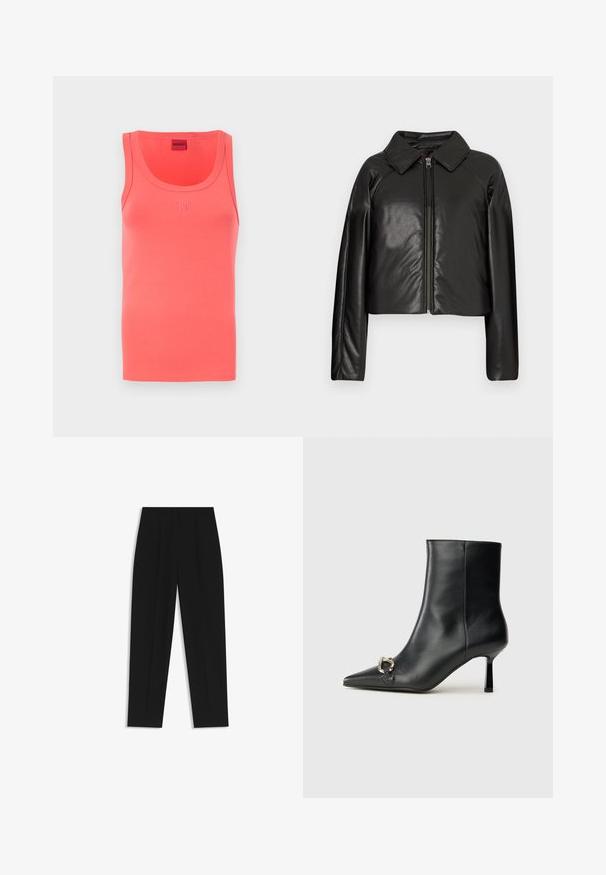 Mustat tekonahkaiset lyhyet takit, joissa on kauluksessa oleva kaulus ja vetoketjukiinnitys. Ominaisuuksiin kuuluu pitkät hihat ja sileä, kiiltävä pinta.; Koralli väritoppi, jossa on pyöreä kaula-aukko ja tiukka malli. Keskellä edessä on kohokuvioitu "HUGO"-logo samaa väriä. Pehmeä kangas.; Mustat housut suoran istuvuuden kanssa, joissa on kaksinkertaiset laskokset, sileä pinta ja klassinen vyötärönauhan muotoilu. Ei näkyviä metalliosia tai koristeita.; Musta nahkasaapas nilkkapituisilla, terävillä kärjillä, hoikalla keskipituisella korolla ja hopeavöillä sivussa yksinkertaista taustaa vasten.