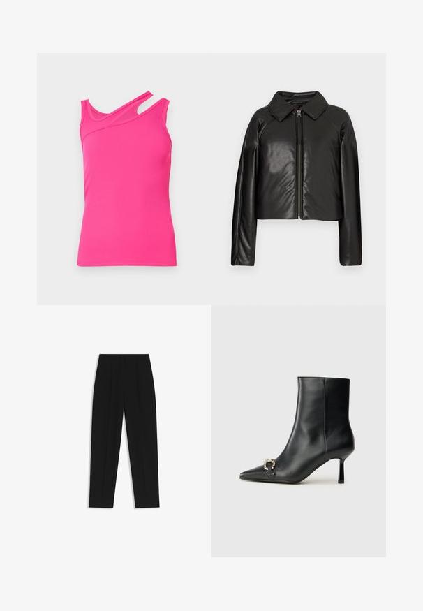 Schwarze Kunstleder-Cropped-Jacke mit Kragen und Reißverschluss. Mit langen Ärmeln und glatter, glänzender Textur.; Rosa geripptes Tanktop mit asymmetrischem Ausschnitt und Schulterauschnitt. Der Stoff hat eine glatte Textur und eine taillierte Passform.; Schwarze Hose mit geradem Schnitt, doppelten Falten, einer glatten Textur und einem klassischen Bunddesign. Keine sichtbaren Beschläge oder Akzente.; Schwarze Leder-Stiefelette mit spitzer Zehe, schlankem, mittelhohem Absatz und silberner Schnalle seitlich vor einem schlichten Hintergrund.