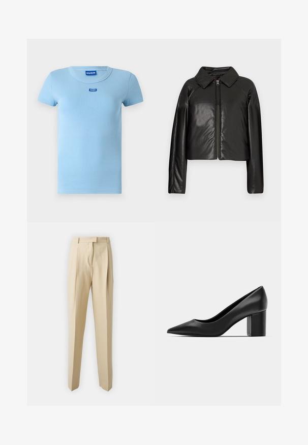 Črna jakna iz umetnega usnja s kratkim krojem, z ovratnikom in zadrgo. Ima dolge rokave in gladko, sijajno teksturo.; Svijetloplava rebrasta majica s okruglim izrezom i kratkim rukavima. Sadrži mali plavi logotip na prsima. Glatka tekstura.; Bež hlače s krojem ravne nogavice, ki imajo zadrgo, pas ter gladko teksturo. Brez vidnih žepov ali okrasnih elementov.; Črne usnjene pete z ostrim nosom in masivnim kvadrataškim peto. Gladka textura, preprost dizajn, primeren za formalne priložnosti.