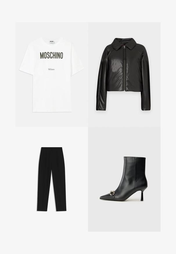 Mustat tekonahkaiset lyhyet takit, joissa on kauluksessa oleva kaulus ja vetoketjukiinnitys. Ominaisuuksiin kuuluu pitkät hihat ja sileä, kiiltävä pinta.; Valkoinen puuvillapaita, jossa on rohkeaa mustaa tekstiä: "MOSCHINO" ylhäällä ja "Milano" alla, rento malli ja tavalliset lyhyet hihat.; Mustat housut suoran istuvuuden kanssa, joissa on kaksinkertaiset laskokset, sileä pinta ja klassinen vyötärönauhan muotoilu. Ei näkyviä metalliosia tai koristeita.; Musta nahkasaapas nilkkapituisilla, terävillä kärjillä, hoikalla keskipituisella korolla ja hopeavöillä sivussa yksinkertaista taustaa vasten.
