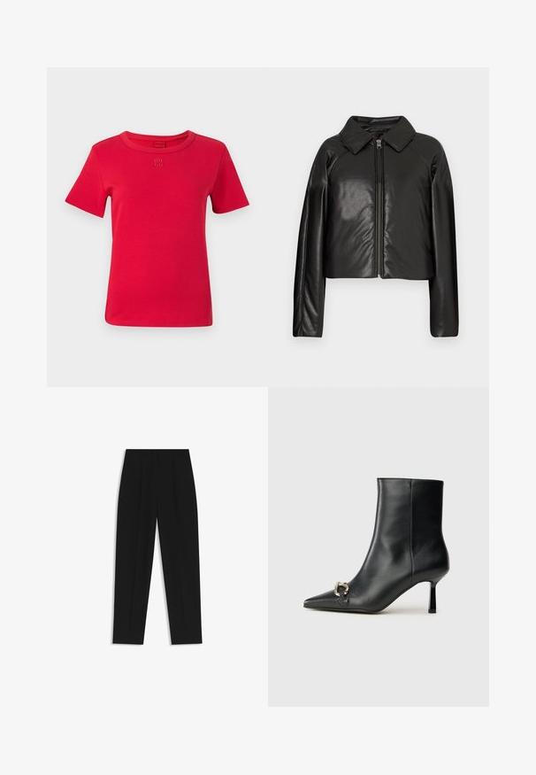 Black faux leather cropped jacket with a collared neckline and zip closure. Features long sleeves and smooth, glossy texture.; Red cotton t-shirt with short sleeves, round neckline, and embroidered "HUGO" logo on the chest. Smooth texture and simple design.; Black trousers with a straight fit, featuring double pleats, a smooth texture, and a classic waistband design. No visible hardware or accents.; Black leather ankle boot with pointed toe, slim mid-height heel, and silver buckle detail on side against plain background.