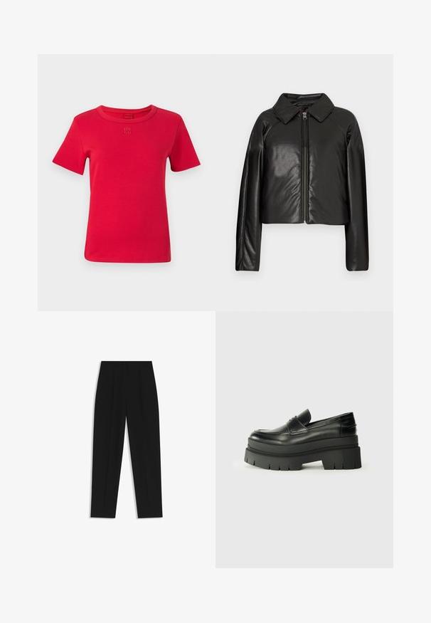Chaqueta corta de imitación piel negra con cuello con solapa y cierre de cremallera. Presenta mangas largas y una textura suave y brillante.; Camiseta de algodón roja de manga corta, con escote redondo y logo bordado "HUGO" en el pecho. Textura suave y diseño simple.; Pantalones negros de corte recto, con doble pinza, textura suave y un diseño de cinturilla clásica. Sin hardware o acentos visibles.; Mocasines de cuero negro con suela de plataforma contundente. Punta redondeada, detalle de costura en la parte delantera y sutiles acentos de costura. Suela plana y texturizada.