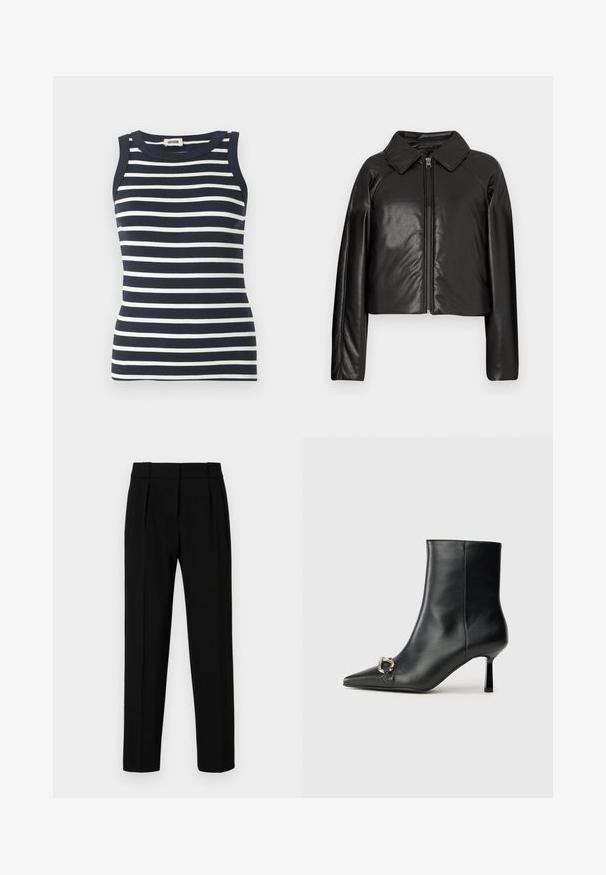 Mustat tekonahkaiset lyhyet takit, joissa on kauluksessa oleva kaulus ja vetoketjukiinnitys. Ominaisuuksiin kuuluu pitkät hihat ja sileä, kiiltävä pinta.; Navyja ja valget triibulise mustriga triiksärgid, mis on valmistatud ribakangast, millel on ümmargune kaelus ja ilma varrukateta disain.; Mustat räätälöidyt housut suoran istuvuuden kanssa, laskostettu etuosa, kiiltävä kangas ja keskikokoinen vyötärö. Ei näkyviä taskuja tai metalliosia.; Musta nahkasaapas nilkkapituisilla, terävillä kärjillä, hoikalla keskipituisella korolla ja hopeavöillä sivussa yksinkertaista taustaa vasten.