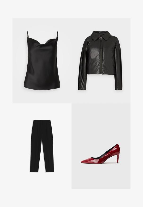 Black faux leather cropped jacket with a collared neckline and zip closure. Features long sleeves and smooth, glossy texture.; Black satin camisole featuring a plunging neckline, thin straps, and a smooth, glossy texture. Simple, classic design without embellishments.; Black trousers with a straight fit, featuring double pleats, a smooth texture, and a classic waistband design. No visible hardware or accents.; Red patent leather high-heeled shoe with a pointed toe and a slim heel. Smooth texture with a glossy finish and black interior lining.