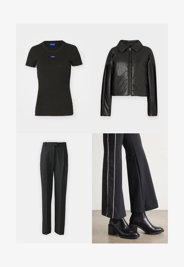 Zwarte faux leren cropped jack met een kraag en ritssluiting. Heeft lange mouwen en een soepele, glanzende textuur.; Zwarte T-shirt met korte mouwen, gemaakt van geribde katoen, met een blauwe "HUGO" logo-badge op de voorkant. Klassiek crewneck ontwerp.; Zwarte op maat gemaakte broek gemaakt van lichtgewicht stof, met een rechte snit, platte voorkant en riemlussen. Glad textuur zonder zichtbare patronen.; Zwarte leren enkellaarzen met een blokhak, voorzien van elastische zijpanelen. Gecombineerd met zwarte broeken met een witte zijstreep.