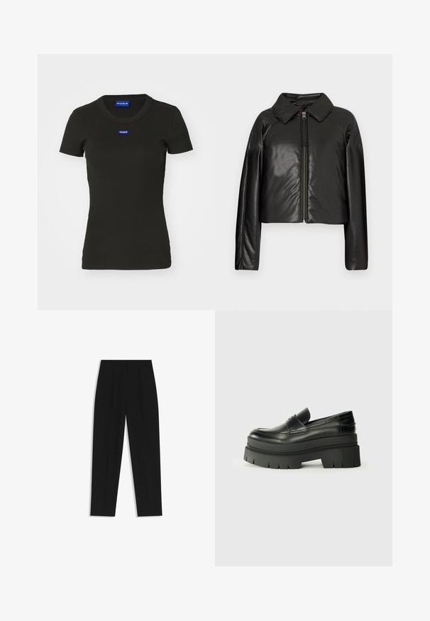 Czarna krótka kurtka z sztucznej skóry z kołnierzykiem i zapięciem na zamek. Posiada długie rękawy oraz gładką, błyszczącą fakturę.; Czarna krótki rękaw T-shirt z prążkowanej bawełny, z niebieską naszywką z logo "HUGO" z przodu. Klasyczny krój z okrągłym dekoltem.; Czarne spodnie o prostym kroju, z podwójnymi zakładkami, gładką teksturą i klasycznym krojem w talii. Bez widocznych elementów metalowych ani akcentów.; Czarne skórzane loafersy z grubą platformą. Okrągły nos, detal szwu z przodu i subtelne akcenty przeszycia. Płaska, teksturowana podeszwa.