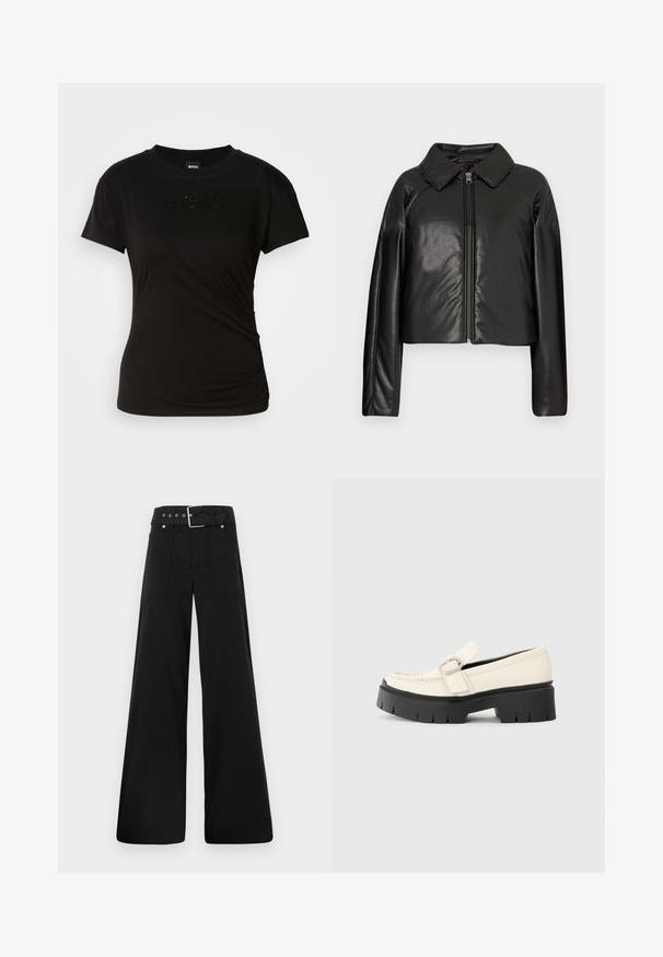 Svart, imitert skinn, cropped jakke med krage og glidelås. Har lange ermer og en jevn, glinsende overflate.; Svart t-skjorte laget av mykt stoff, med korte ermer og rund halsutringning. Ordet "BOSS" er brodert med glitrende svarte detaljer.; Sorte vidde bukser laget av bomull, med høy midje, store sidelommer og belte med sølv detaljer.; Hvit skinnloafers med tykk svart plattformsåle, utstyrt med en rektangulær sølvspenne og synlige sømdetaljer på oversiden.