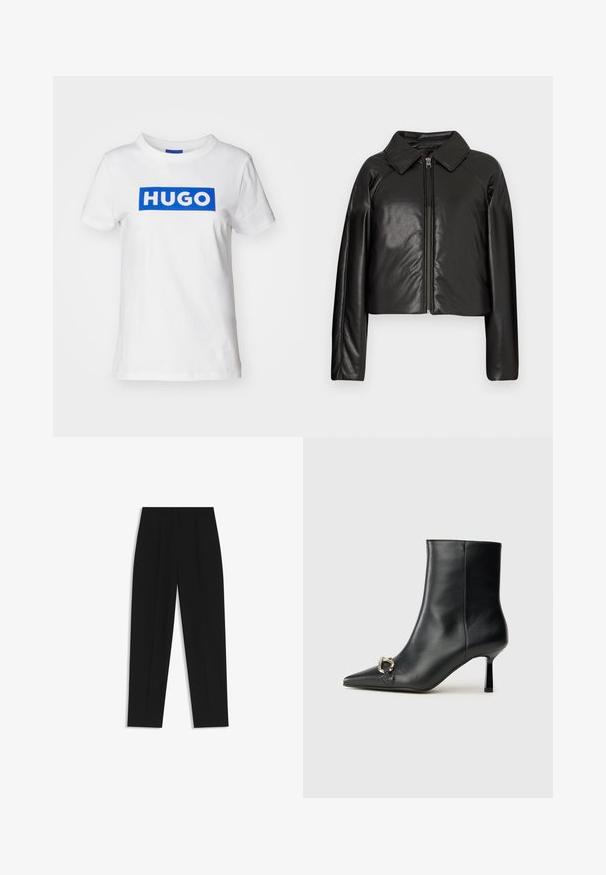 Black faux leather cropped jacket with a collared neckline and zip closure. Features long sleeves and smooth, glossy texture.; White cotton t-shirt featuring a blue rectangular "HUGO" logo printed across the chest. Classic crew neckline and short sleeves.; Black trousers with a straight fit, featuring double pleats, a smooth texture, and a classic waistband design. No visible hardware or accents.; Black leather ankle boot with pointed toe, slim mid-height heel, and silver buckle detail on side against plain background.