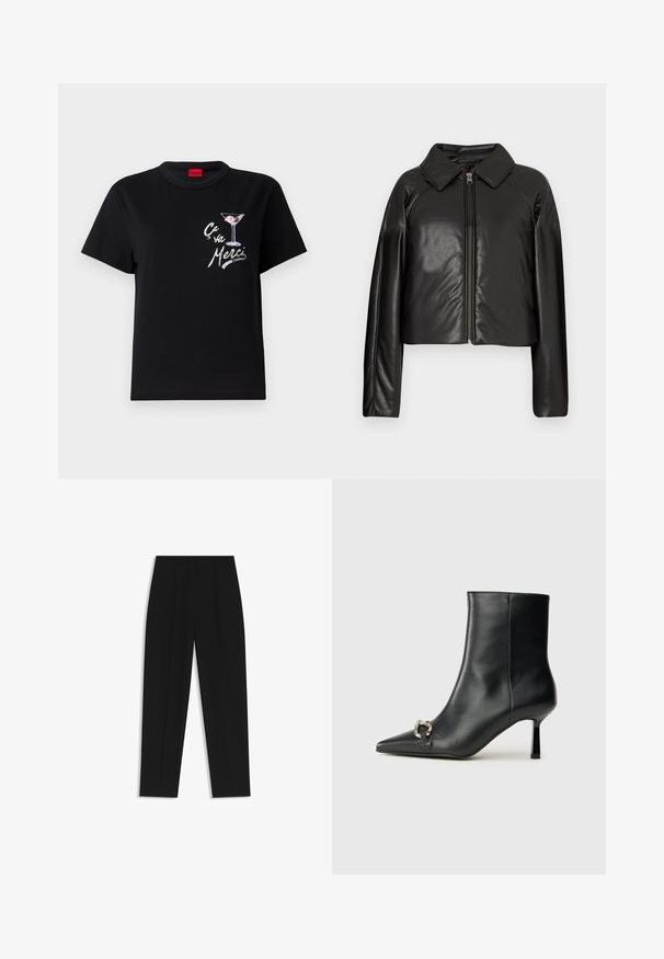 Black faux leather cropped jacket with a collared neckline and zip closure. Features long sleeves and smooth, glossy texture.; Black cotton t-shirt with short sleeves, features a white and pink graphic of a martini glass and the text "Ça va Merci" in a playful font.; Black trousers with a straight fit, featuring double pleats, a smooth texture, and a classic waistband design. No visible hardware or accents.; Black leather ankle boot with pointed toe, slim mid-height heel, and silver buckle detail on side against plain background.