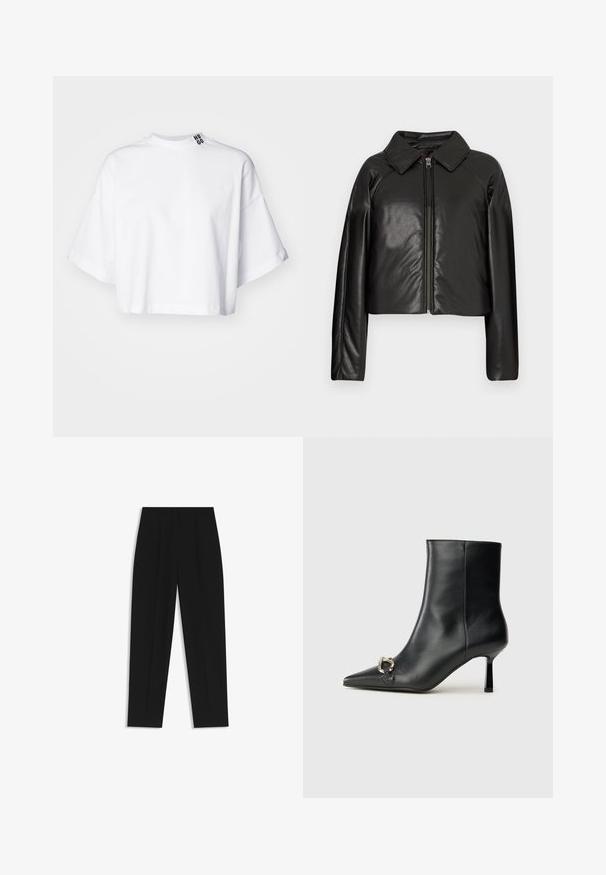 Black faux leather cropped jacket with a collared neckline and zip closure. Features long sleeves and smooth, glossy texture.; White cropped t-shirt made of cotton, featuring wide short sleeves and a high neckline. The label "HUGO" is printed in black on the collar.; Black trousers with a straight fit, featuring double pleats, a smooth texture, and a classic waistband design. No visible hardware or accents.; Black leather ankle boot with pointed toe, slim mid-height heel, and silver buckle detail on side against plain background.