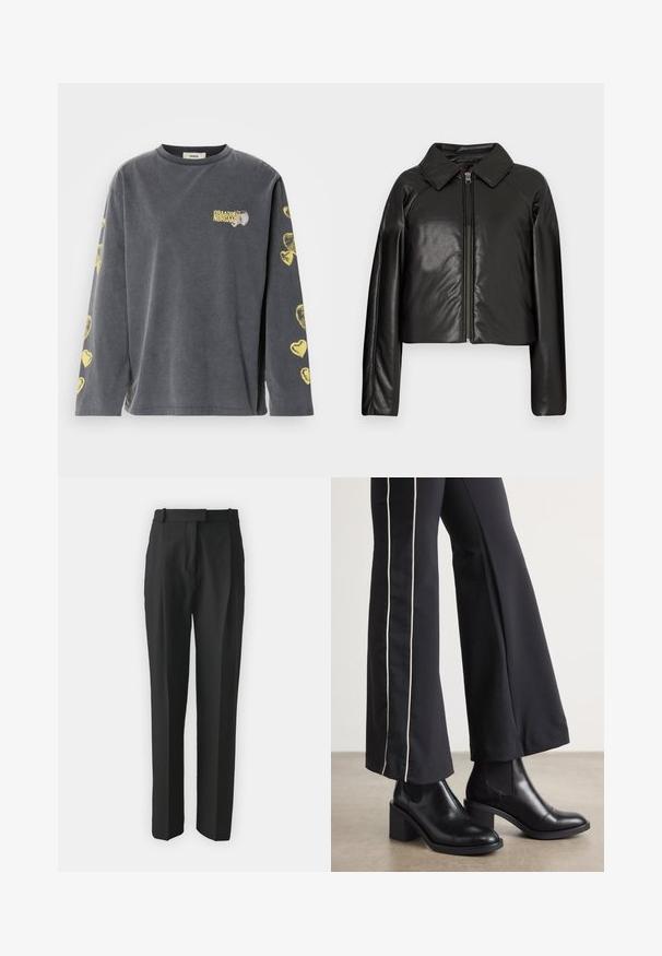 Černá faux kůže zkrácená bunda s límečkem a zipem. Obsahuje dlouhé rukávy a hladký, lesklý povrch.; Šedá dlouhá košile s kulatým výstřihem, s žlutými srdíčky na rukávech a malým potisknutým logem na přední straně.; Černé kalhoty na míru vyrobené z lehkého materiálu, s rovnými nohavicemi, plochým předním dílem a poutek na opasek. Hladký povrch bez viditelných vzorů.; Černé kožené kotníkové boty na blokovém podpatku, s elastickými bočními panely. V kombinaci s černými kalhotami, které mají bílý boční pruh.