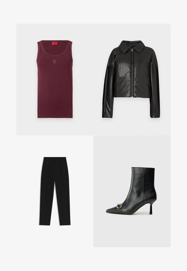 Zwarte faux leren cropped jack met een kraag en ritssluiting. Heeft lange mouwen en een soepele, glanzende textuur.; Bordeauxrode tanktop van katoen, met een ronde hals, mouwloos ontwerp en een klein geborduurd "HUGO"-logo aan de voorkant.; Zwarte broeken met een rechte pasvorm, voorzien van dubbele plooien, een zachte textuur en een klassiek taillebandontwerp. Geen zichtbare hardware of accenten.; Zwarte leren enkelboot met spitse neus, slanke middenhoge hak en zilveren gespdetail aan de zijkant op een effen achtergrond.