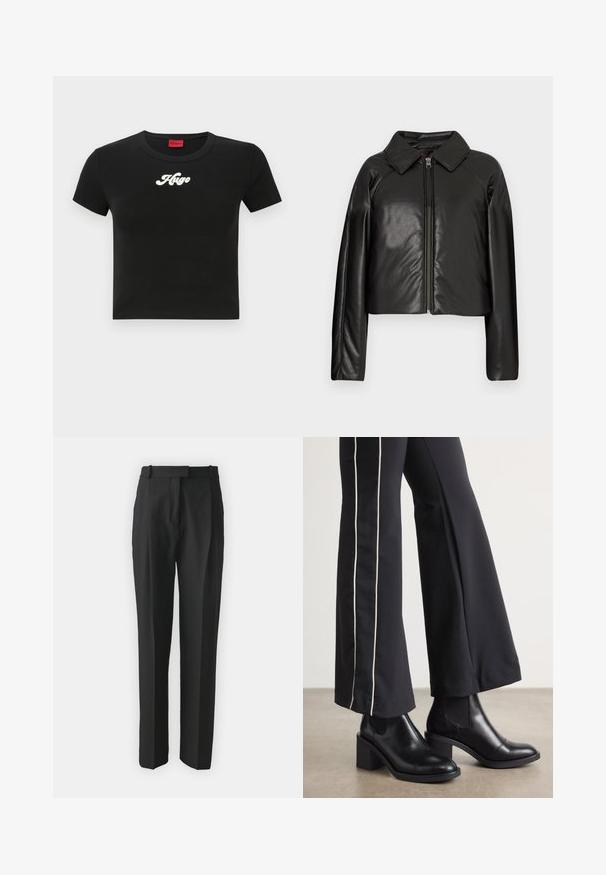 Mustast kunstnahast lühike jakk, millel on kraega kaelus ja tõmblukuga sulgemine. Omab pikki varrukaid ja sujuvat, läikivat tekstuuri.; Must must hihk tõmblus, mis on valmistatud puuvillast, mille rinnal on valge käsitsi kirjutatud logo "Hugo" ja ümar kaelus. Lühikesed varrukad.; Mustad kohandatud mustad püksid kergest kangast, sirge lõikega, lamedate esiosadega ja vöökohaga. Sile tekstuur ilma nähtavate mustriteta.; Mustad nahast pahklu_bootid, millel on ploki konts ja elastsed külgpaneelid. Kombineeritud mustade pükstega, millel on valge küljeriba.