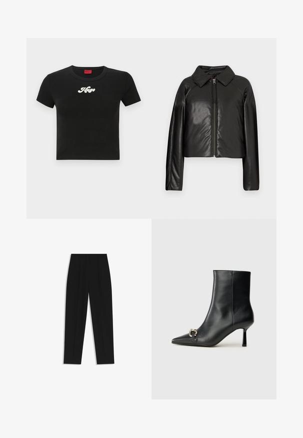 Black faux leather cropped jacket with a collared neckline and zip closure. Features long sleeves and smooth, glossy texture.; Black cropped t-shirt made of cotton, featuring a white script logo "Hugo" on the chest and a rounded neckline. Short sleeves.; Black trousers with a straight fit, featuring double pleats, a smooth texture, and a classic waistband design. No visible hardware or accents.; Black leather ankle boot with pointed toe, slim mid-height heel, and silver buckle detail on side against plain background.