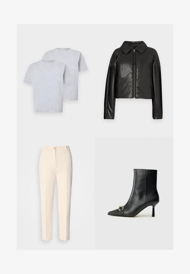 Black faux leather cropped jacket with a collared neckline and zip closure. Features long sleeves and smooth, glossy texture.; Two short-sleeve t-shirts in light gray, made of soft fabric, featuring a round neckline and a relaxed fit. Each shirt has minimal detailing.; Cream-colored, high-waisted trousers made of textured fabric. Features a front button closure and tapered legs.; Black leather ankle boot with pointed toe, slim mid-height heel, and silver buckle detail on side against plain background.