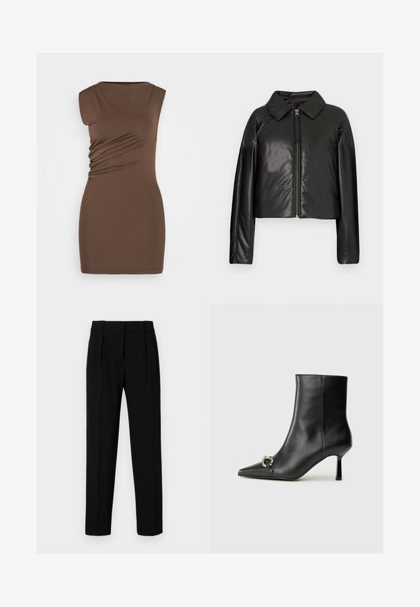 Black faux leather cropped jacket with a collared neckline and zip closure. Features long sleeves and smooth, glossy texture.; Brown, sleeveless dress with a fitted silhouette. Features side ruching and a smooth, stretchy fabric. Simple round neckline, above-knee length.; Black tailored trousers with a straight fit, pleated front, polished fabric, and a medium waistband. No visible pockets or hardware details.; Black leather ankle boot with pointed toe, slim mid-height heel, and silver buckle detail on side against plain background.