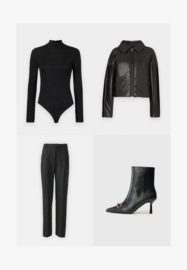 Crna faux kožna skraćena jakna s ovratnikom i zatvaranjem na munju. Ima duge rukave i glatku, sjajnu teksturu.; Crni bodi dugih rukava s visokim ovratnikom i suptilnom teksturom. Ima zatvarač na leđima i dizajn u obliku tangi.; Crne krojene hlače od laganog materijala, s ravnim krojem, ravnim prednjim dijelom i petljama za remen. Glatka tekstura bez vidljivih uzoraka.; Crne kožne gležnjače s nazupčanim prstom, uskim srednje visokim potpeticama i detaljem srebrne kopče sa strane na jedinstvenoj pozadini.