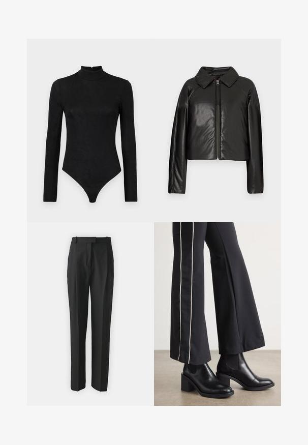 Črna jakna iz umetnega usnja s kratkim krojem, z ovratnikom in zadrgo. Ima dolge rokave in gladko, sijajno teksturo.; Črni bodi z dolgimi rokavi, visokim ovratnikom in subtilno teksturo. Ima zadrgo na hrbtni strani in zasnovo tangic.; Črne krojene hlače iz lahkotnega materiala, z ravnim krojem, gladkim sprednjim delom in zankami za pas. Gladka tekstura brez vidnih vzorcev.; Črne usnjene gležnjarje s blok peto, z elastičnimi stranskimi paneli. Kombinirane s črnimi hlačami, ki imajo bele stranske črte.