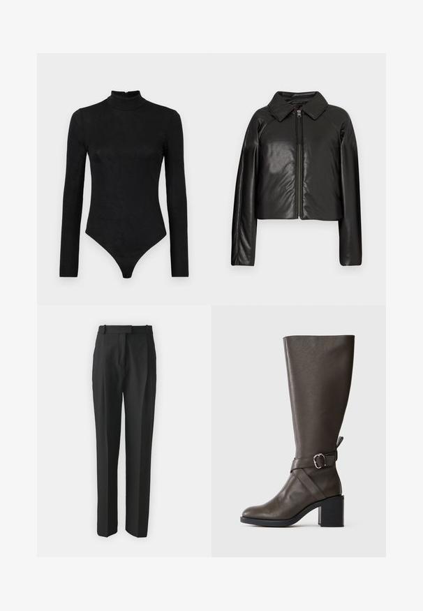 Mustast kunstnahast lühike jakk, millel on kraega kaelus ja tõmblukuga sulgemine. Omab pikki varrukaid ja sujuvat, läikivat tekstuuri.; Mustas pikkade varrukatega bodi kõrge kaelusega ja peene tekstuuriga. Omab seljaosast lukku ja stringi stiilis alumist osa.; Mustad kohandatud mustad püksid kergest kangast, sirge lõikega, lamedate esiosadega ja vöökohaga. Sile tekstuur ilma nähtavate mustriteta.; Tumepruun põlve kõrgune nahkboot, millel on keskmise suurusega blokk-kand ja dekoratiivne rihm hõbedase tõmblukuga ümber pahkluude.