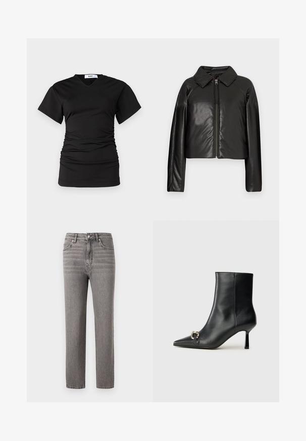 Melnā mākslīgā āda īsā jaka ar apkakles apkakli un rāvējslēdzēja aizdari. Iespējas garas piedurknes un gluda, spīdīga tekstūra.; DAY Birger et Mikkelsen BRAXTON MODERN - Pamata T-krekls - black; Pelēkā denima bikses ar taisnu griezumu, vidēja augstuma jostasvietu, piecām kabatām un nelielām vertikālām šuvēm. Gluda tekstūra un viegla.; Melnā ādas potīšu zābaku ar smailu purngalu, šauru vidēja augstuma papēdi un sudraba sprādzi sānos uz vienkrāsaina fona.