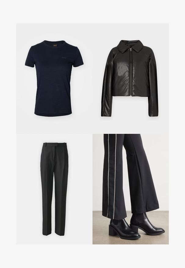 Melnā mākslīgā āda īsā jaka ar apkakles apkakli un rāvējslēdzēja aizdari. Iespējas garas piedurknes un gluda, spīdīga tekstūra.; Tumši zils īsās piedurknes T-krekls, izgatavots no mīkstas auduma. Aprīkots ar apaļu kakla izgriezumu un izsmalcinātu drukātu logo priekšpusē.; Melnas pielāgotas bikses, izgatavotas no viegla auduma, ar taisnu griezumu, plakanu fronti un jostām. Gluda tekstūra bez redzamām rakstām.; Melnas ādas potīšu zābaki ar blokveida papēdi, aprīkoti ar elastīgām sānu paneļiem. Kombinēti ar melniem biksēm, kuru sānos ir baltas svītras.